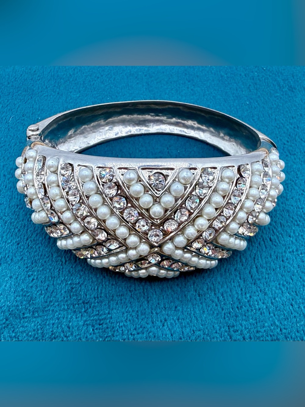 Vintage Faux Pearl & Clear Rhinestone Hinged Clamper Bracelet